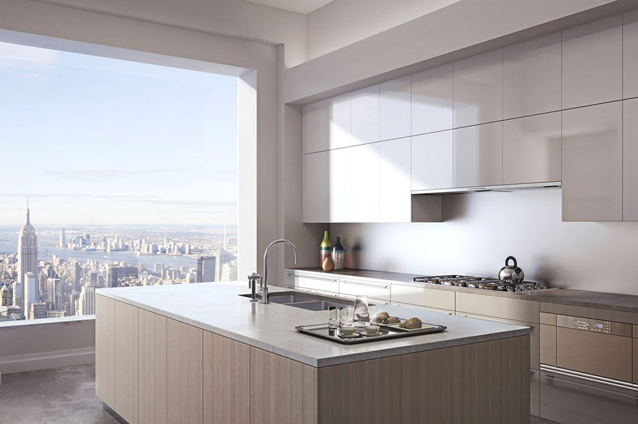 The kitchens will be outfitted with sleek marble countertops and stainless-steel appliances.