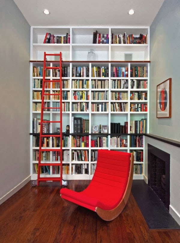 Your home library can be a simple reading corner with bookshelves that go up to the ceiling