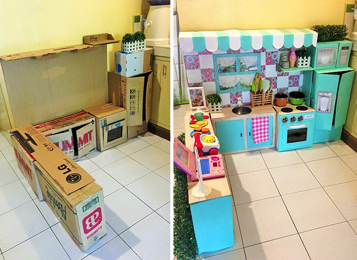 Mom created a mini play kitchen made of cardboard boxes that she collected from friends
