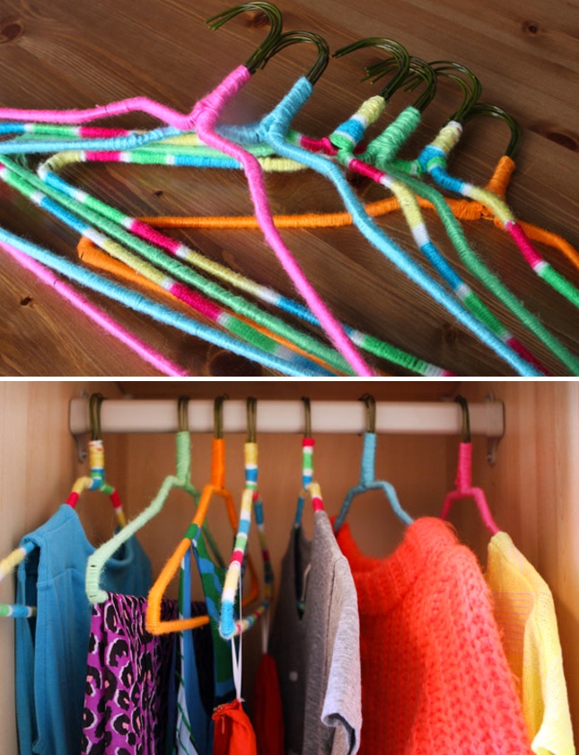 Organizing is the not-so-fun part. But covering your clothes hangers in brightly colored embroidery floss is a quick way to brighten up your closet.