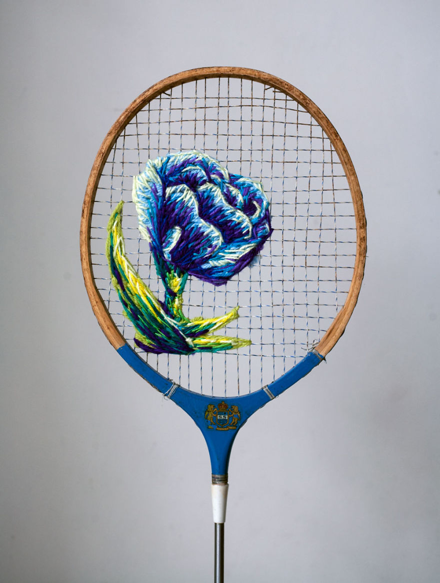 Artist Danielle Clough Embroiders On Old Tennis Rackets