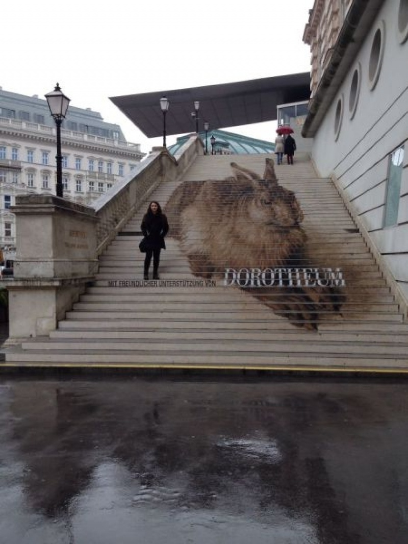 A giant bunny on some stairs in Albertina, Vienna.