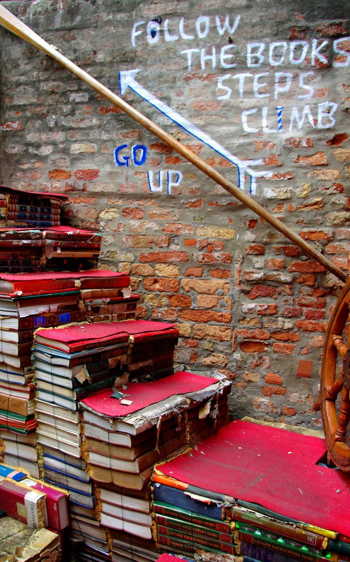 The scholarly stairs in Libreria Acqua Alta, Venice.