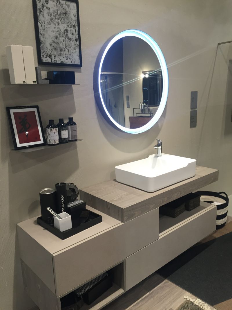 Round LED Mirror And Shelves For Storage In Bathroom