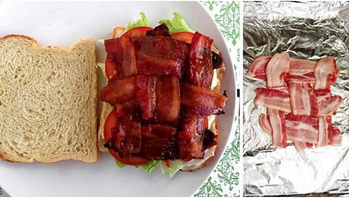 When making a BLT sandwich, lace various strips of bacon together for proper coverage.