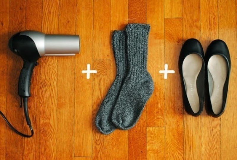 Break in your shoes immediately by putting them on socks and blow drying the tightest areas.