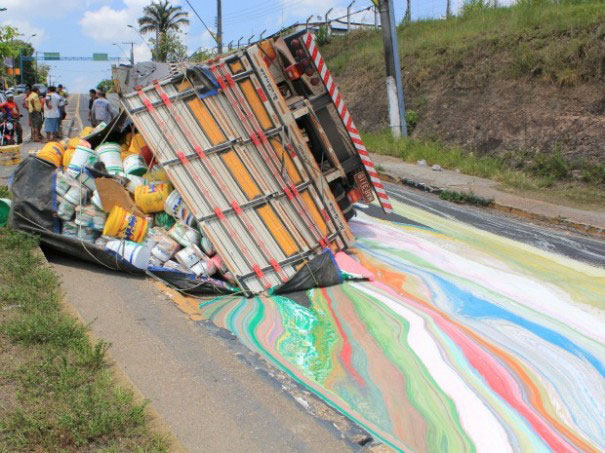 Truck With 14 Tons Of Paint Rolls Over Painting The Road In Vibrant Colors