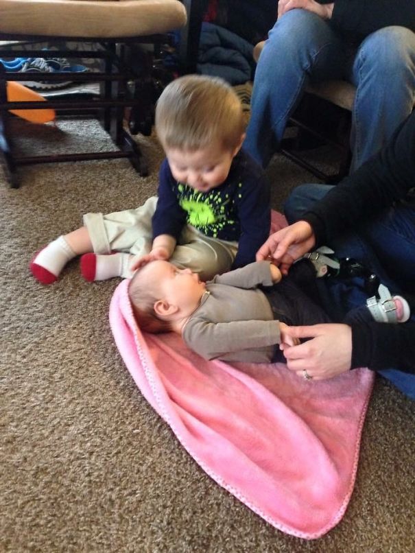 Niece Has Arthrogryposis, My Son Rubs Her Head & Gives Hugs/kisses. Always So Concerned.