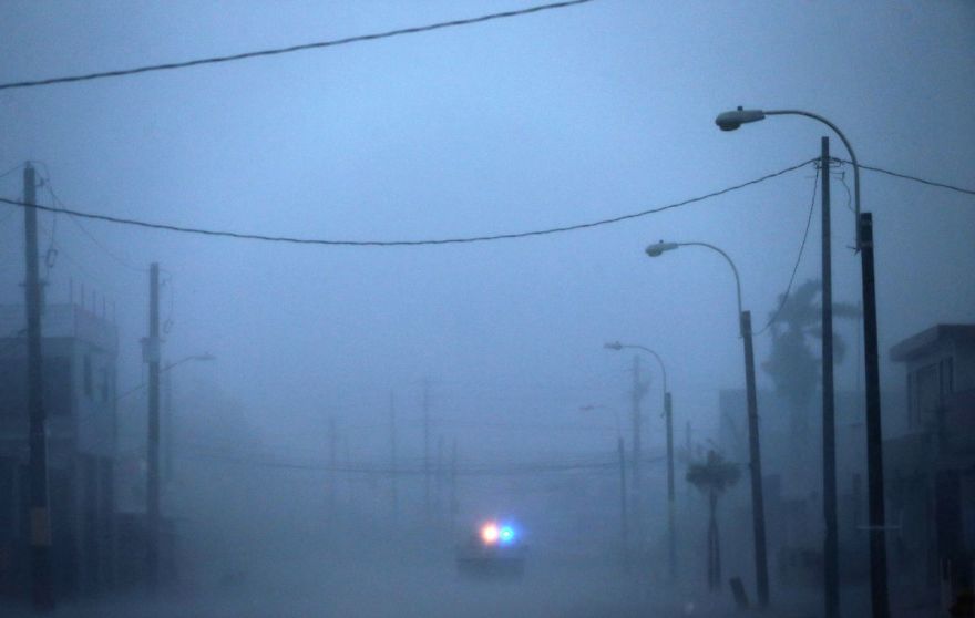 A Lone Police Car On Patrol During The Passing Of Hurricane Irma On September 6, 2017, In Fajardo, Puerto Rico