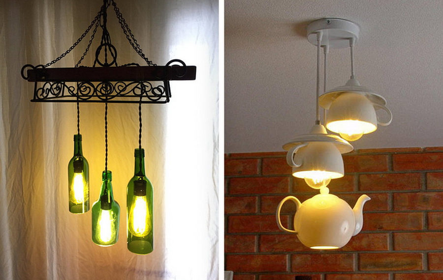 Liven up your room with creative chandeliers made with cups and bottles.