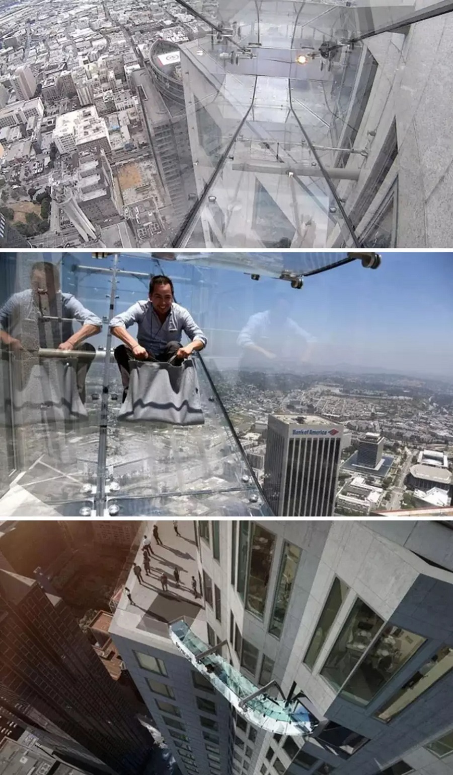 Skyslide At OUE Skyspace In Los Angeles, CA | An Outdoor Glass Slide Attached To The Exterior Of The U.S. Bank Tower. The Skyslide Is 45 Feet Long, About Four Feet Wide, And Made Entirely With 1.25-Inch Glass. Visitors Glide From The 70th To The 69th Floor. Now Permanently Closed