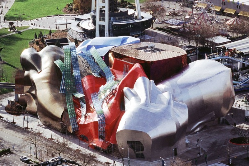 Museum Budaya Pop (Sebelumnya Pengalaman Proyek Musik) Di Seattle, AS Oleh Frank Gehry, Diduga Terinspirasi oleh Gitar Jimmy Hendrix.