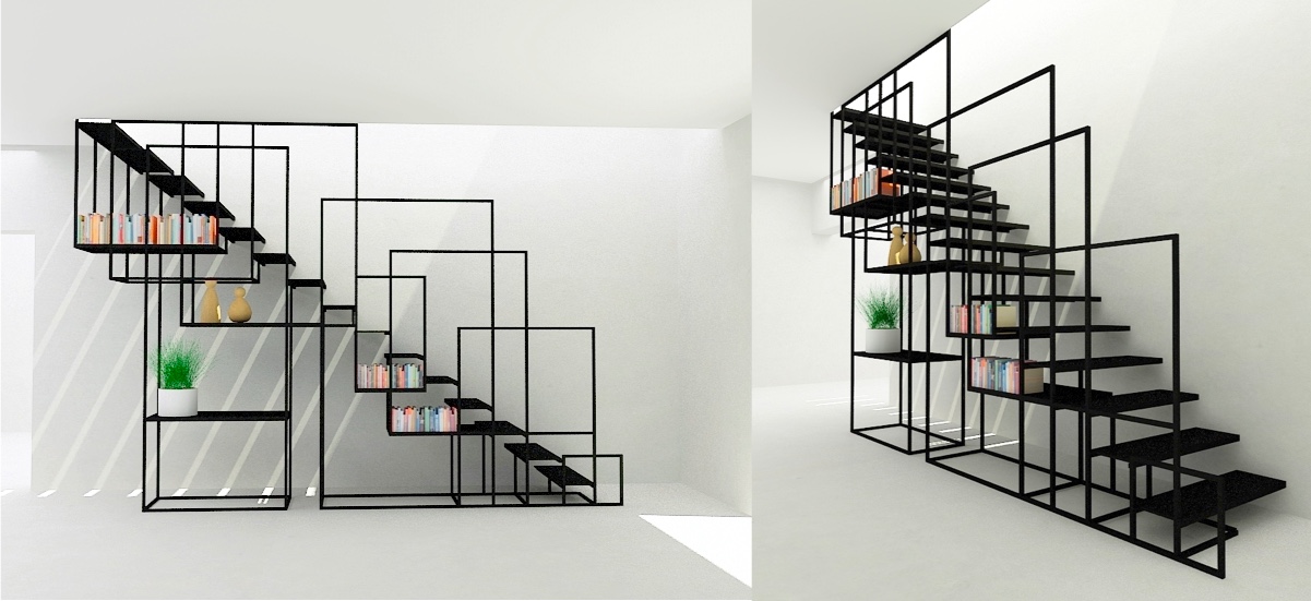 Clever cubes. The balustrades of this modern staircase design are a pattern of overlapping cubes, which form shelves for books and display items beneath the treads, and handrails above.