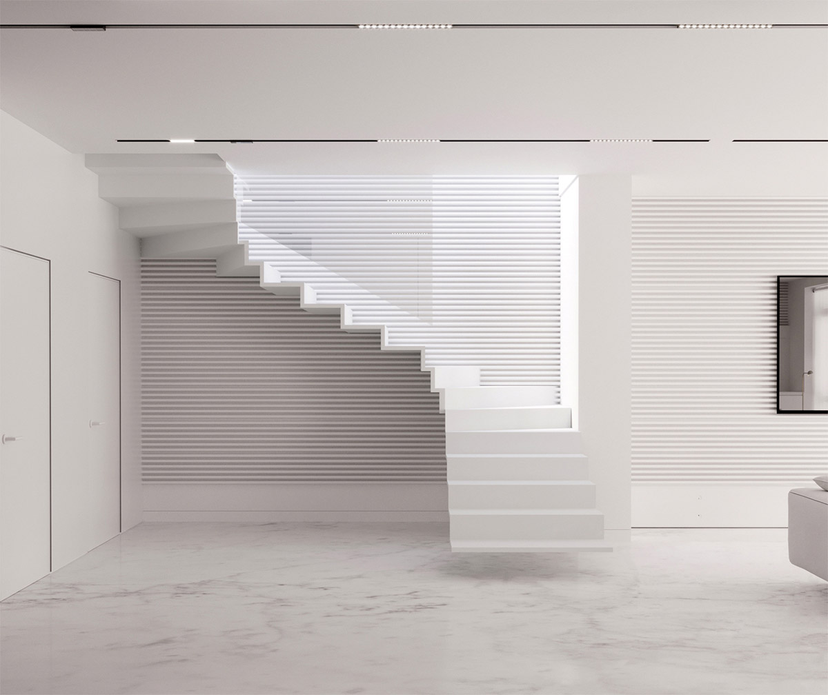 Create a look of weightlessness by omitting the first riser. When only a shadow can be seen touching the floor, even the heaviest of staircases will seem to float.