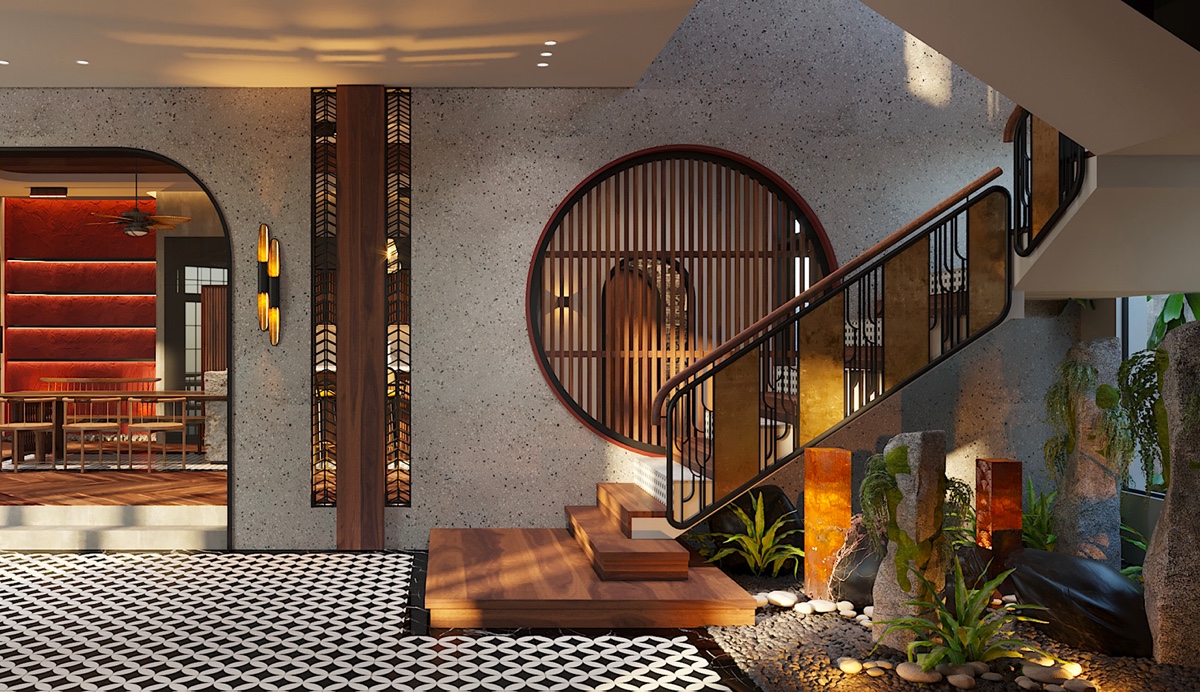 Create a Zen stairwell with a courtyard. Some plants and pebbles are all you need to get started. Add soft lighting for extra soothing effect.