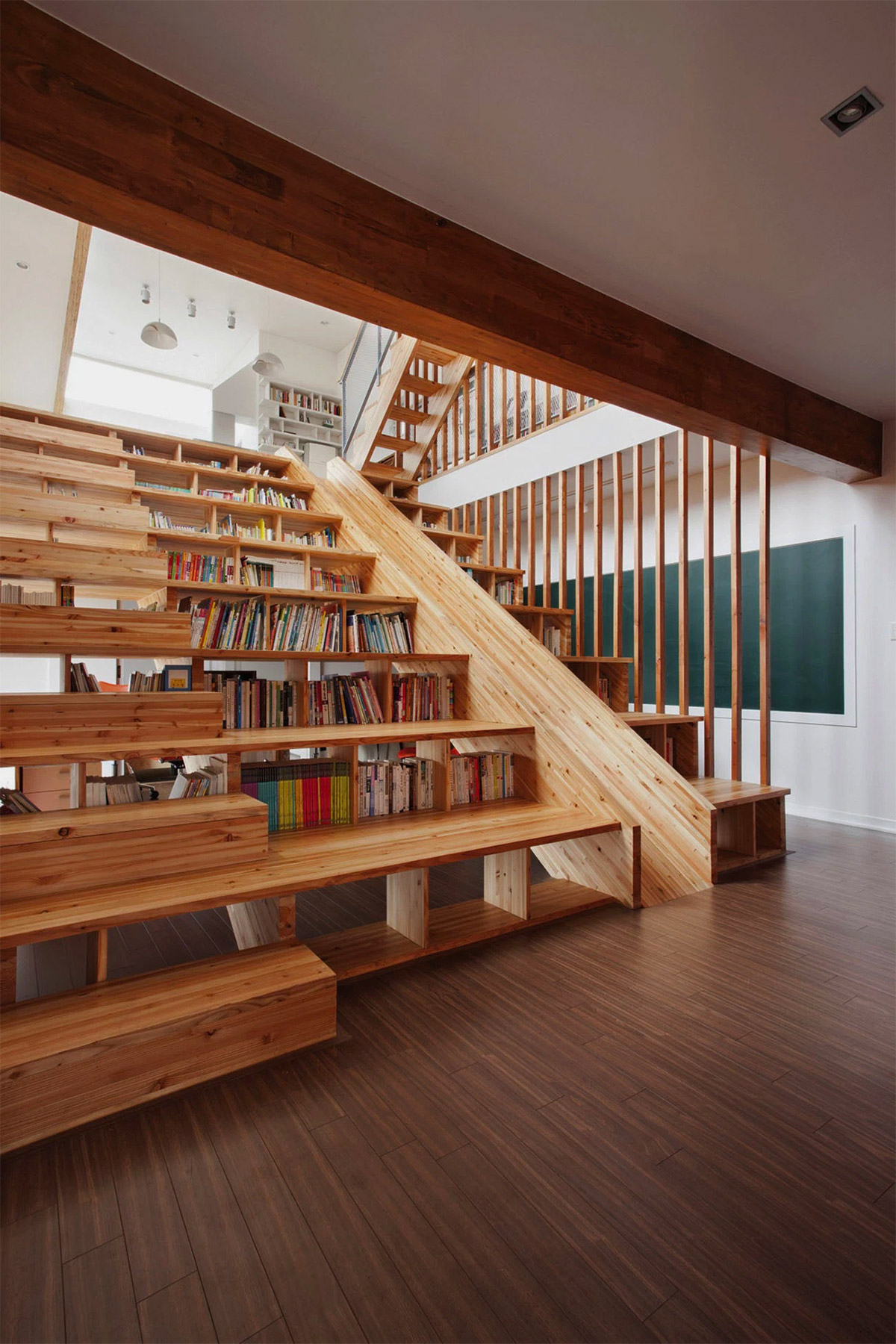 Book storage in and around stairs isn’t a new thing, but there are always new ideas on how to do it. Book lovers will adore this extensive library staircase.