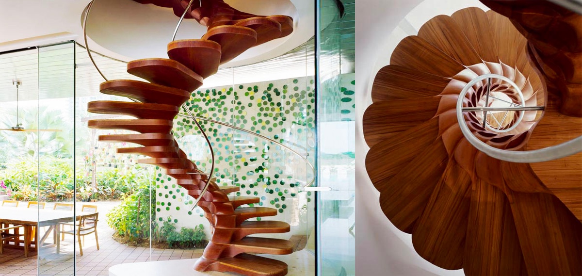 The rounded treads of this contemporary spiral staircase open up like the petals of a flower.