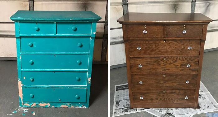 I Was In Desperate Need Of A Dresser And Bought This Cheap. 7 Layers Of Paint Later, I Found This Beautiful Wood Underneath