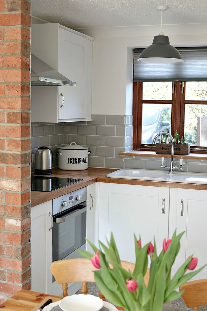 Ivory, Gray, and Wood Kitchen with Tulips