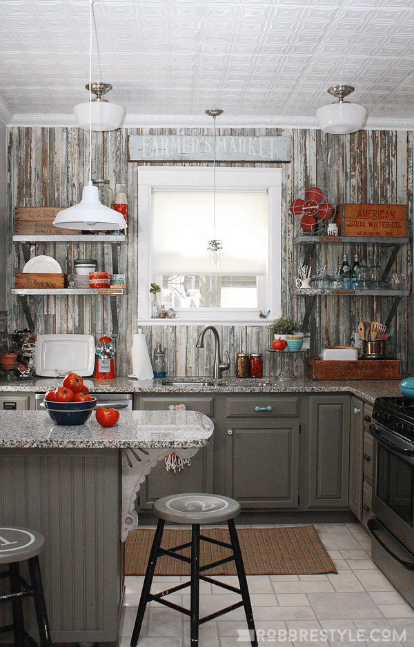 Ash Paneled Kitchen with Farmer's Market Sign