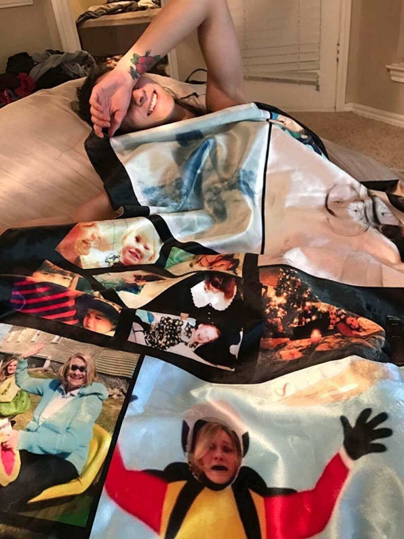 I Ordered My Girlfriend A Collage Blanket Covered In Photos Of Myself, And They Sent Another Family's Blanket. I Gave It To Her Anyway