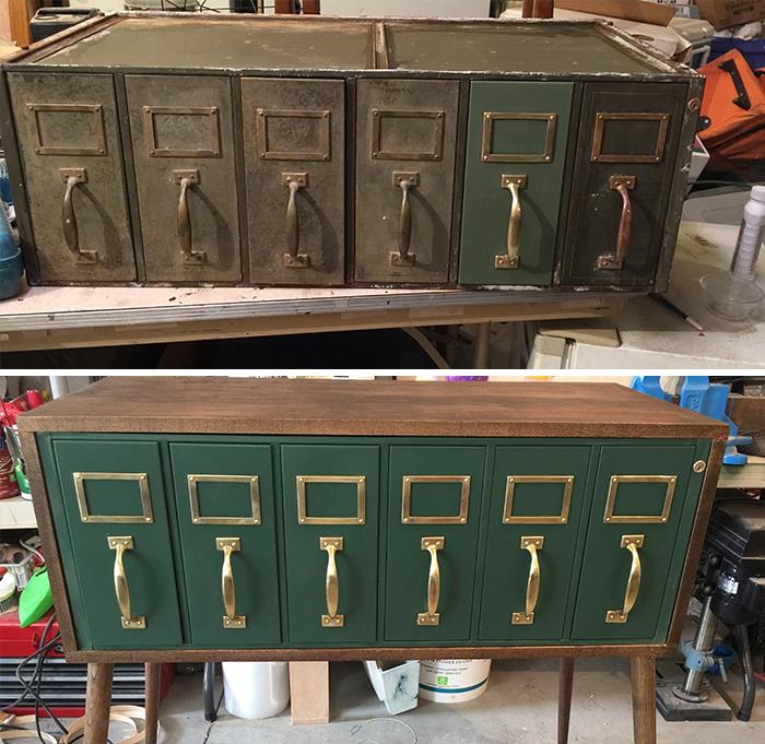 Pulled Out Of A Trash Heap. It Was One Part Of A Military File Cabinet. Added Some Legs, And Bingo, Bango! Thorough Cleaning, Paint, And A Little Shining Up, Followed By Wrapping It In Wood From My Scrap Pile.