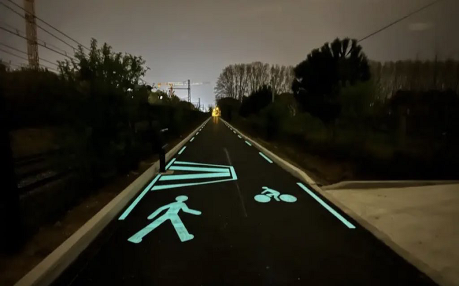 Montpellier, France. Test Of A Bicycle Path With Photoluminescent Paint