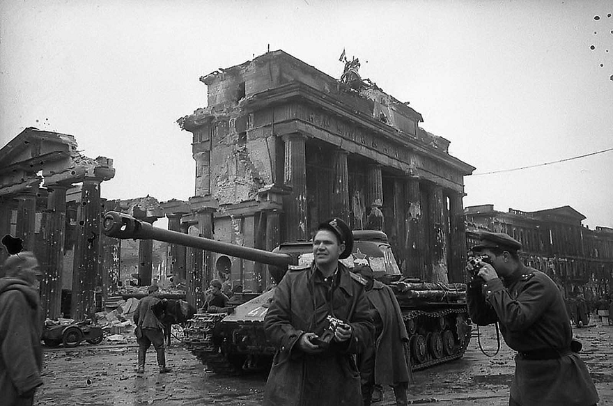 Pictured Below Is Russian Photographer Yevgeny Khaldei (Center) In Berlin With Soviet Forces, Near The Brandenburg Gate In May Of 1945