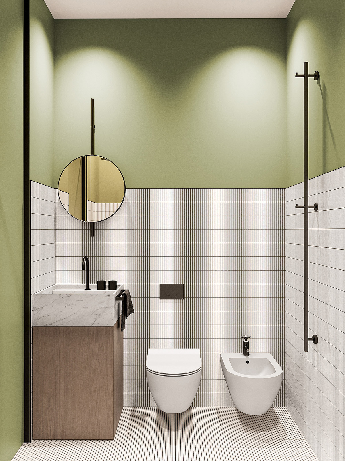 If you're unsure whether to commit to a green color scheme, select neutral fixtures and fittings and apply color only with your paintwork. That way, it will be quick and inexpensive to switch out.