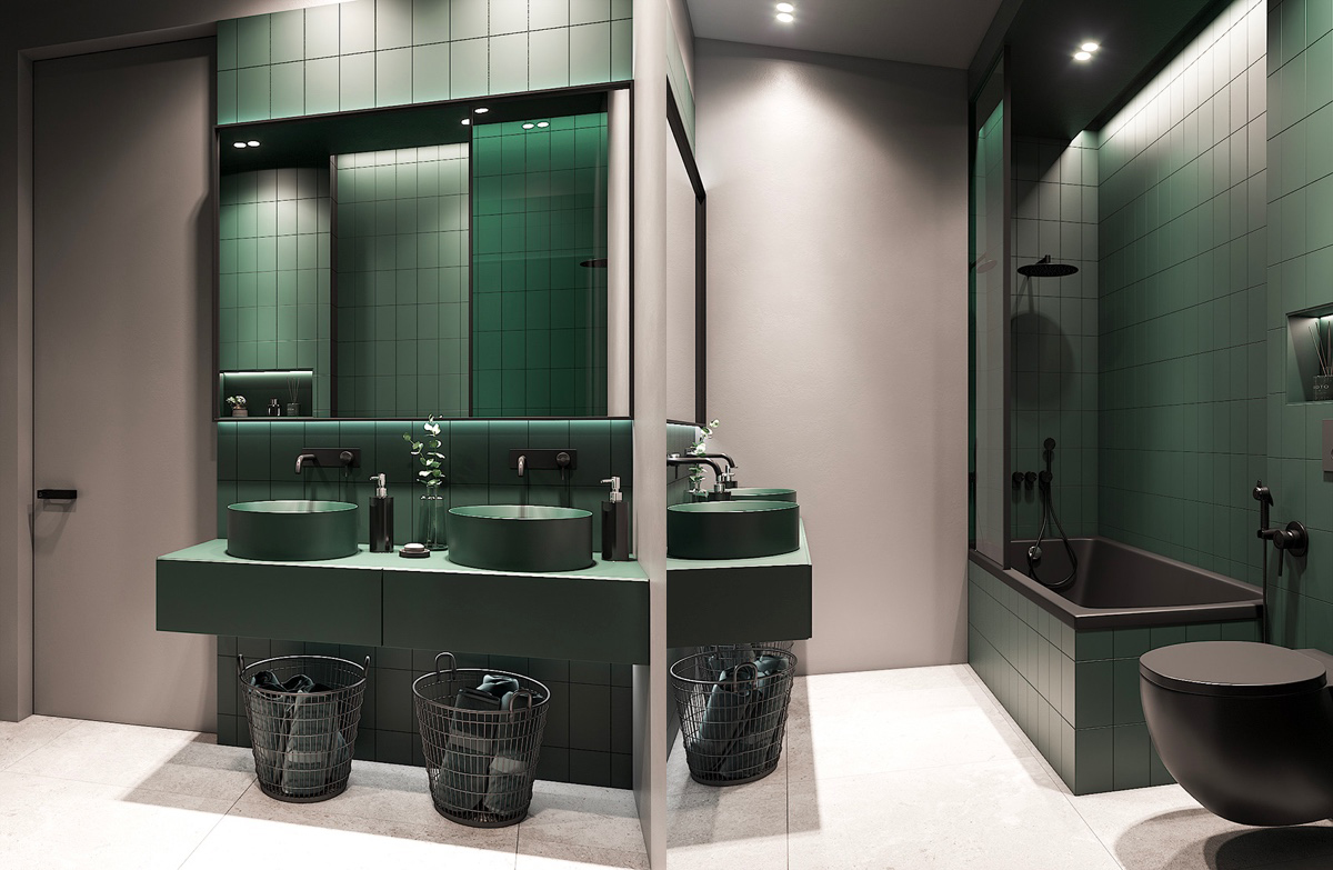 Green basins, a green vanity unit, and green wall tiles build a color-saturated scheme. A black bathtub and toilet break up the layout.