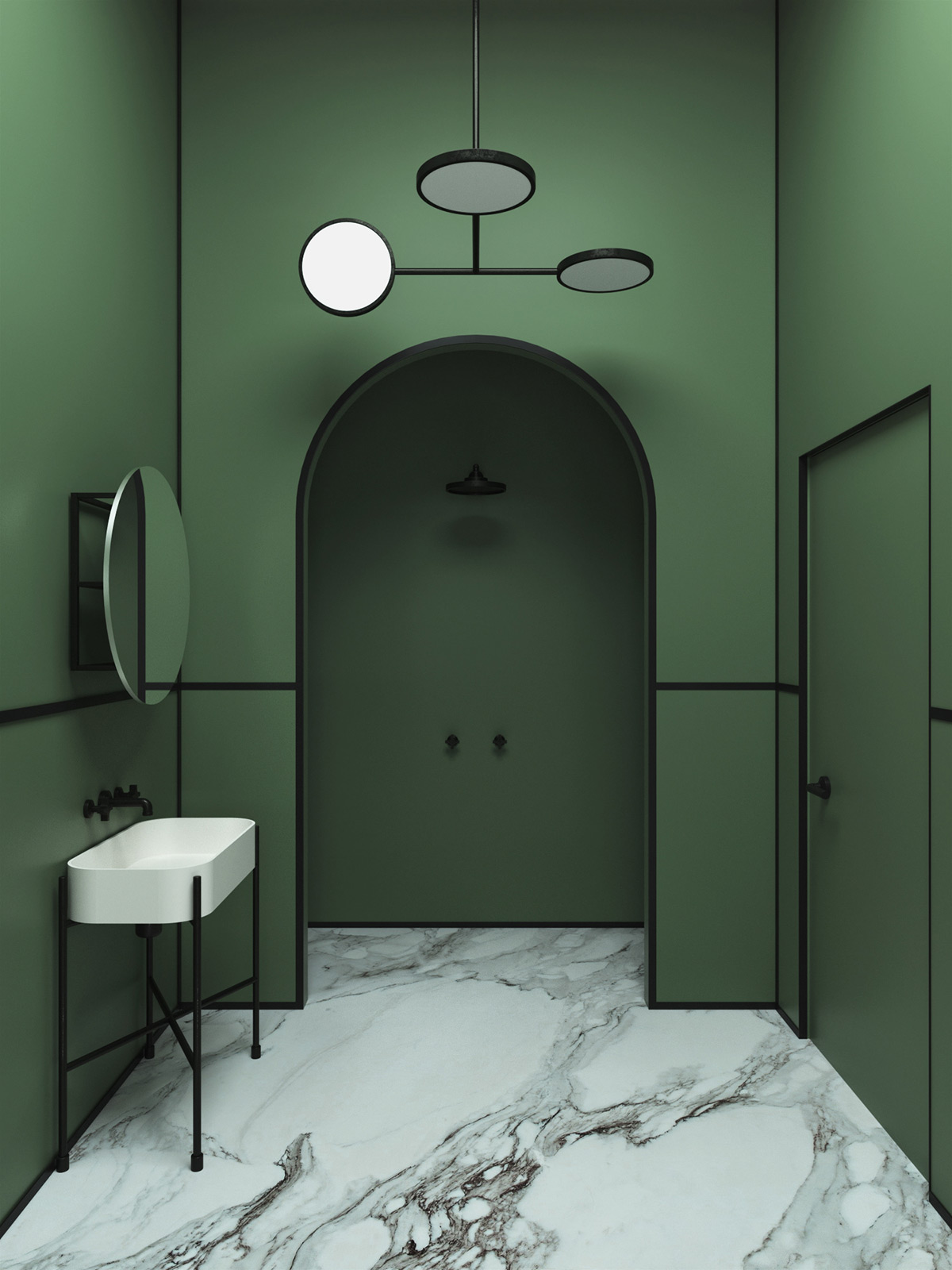 Give your green décor scheme a bold black outline that defines the edges of doorways, archways, and windows.