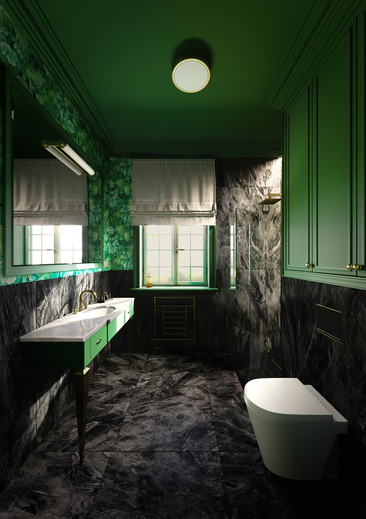 Black and green bathroom décor fashions a room with great depth.