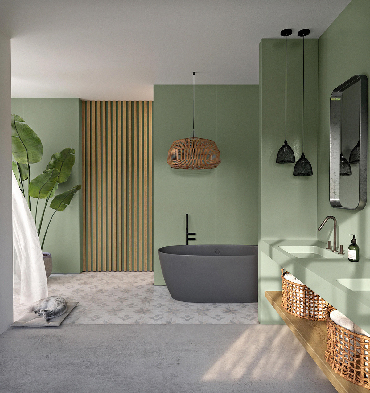 Wicker towel baskets, a rattan pendant light shade, and wood-slatted accents give this gray and green bathroom concept a natural, boho essence.