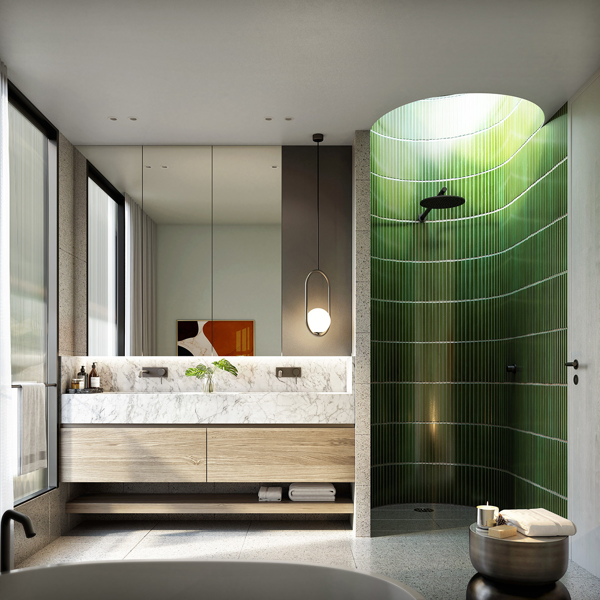 Green wall tiles define this wonderfully rounded shower space design from a predominantly neutral bathroom scheme.