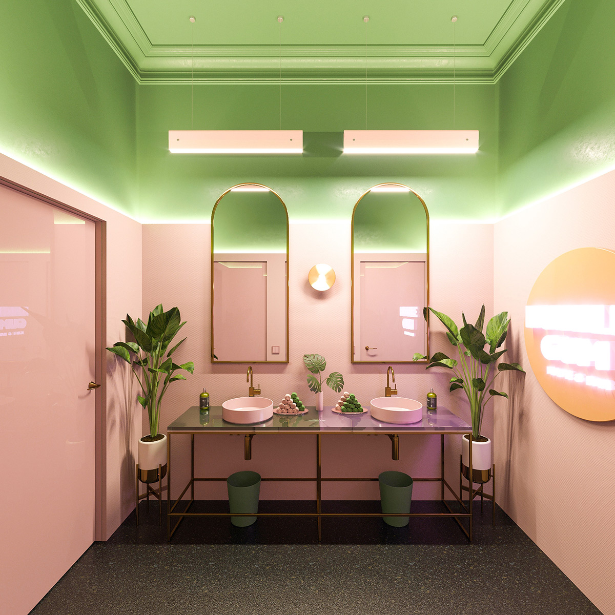 Pink and green bathroom decor produces a fun, tropical vibe. Add a playful neon wall sign and tropical plants to enhance the vibe.