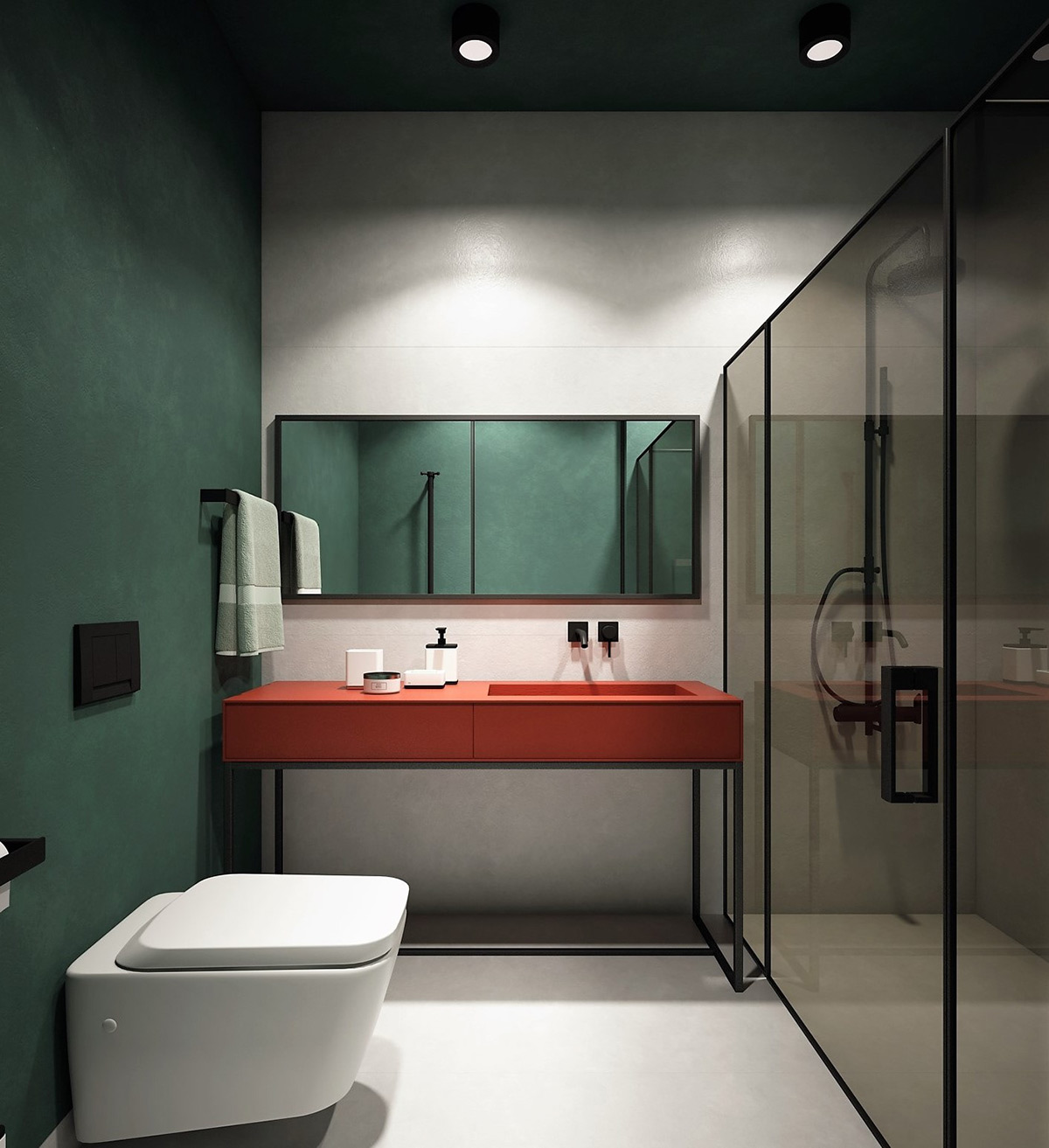 This standalone red vanity unit has a transformative effect on a dark green and white bathroom.