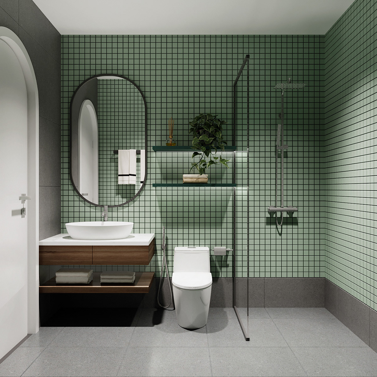 Use green tiles to create an expanse of color around the wet zone while the rest of the room fades into the background in shades of gray.
