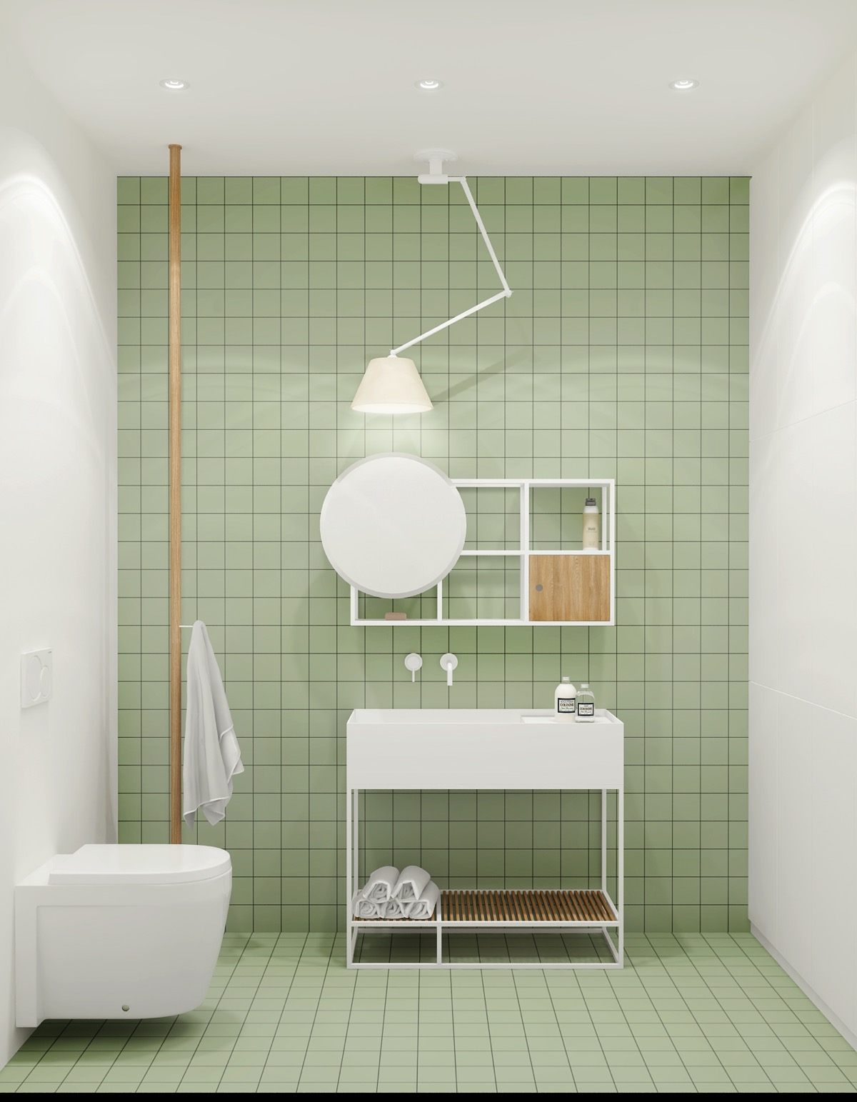 White, metal-framed furniture places crisp outlines onto this green bathroom background.