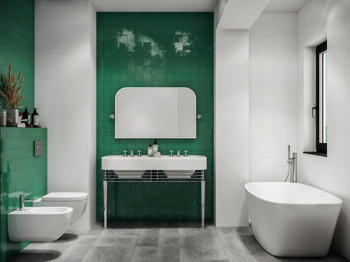 Select critical areas of your bathroom to highlight with green tiles. A focal point behind the vanity unit or across a toilet cistern concealment wall works well.