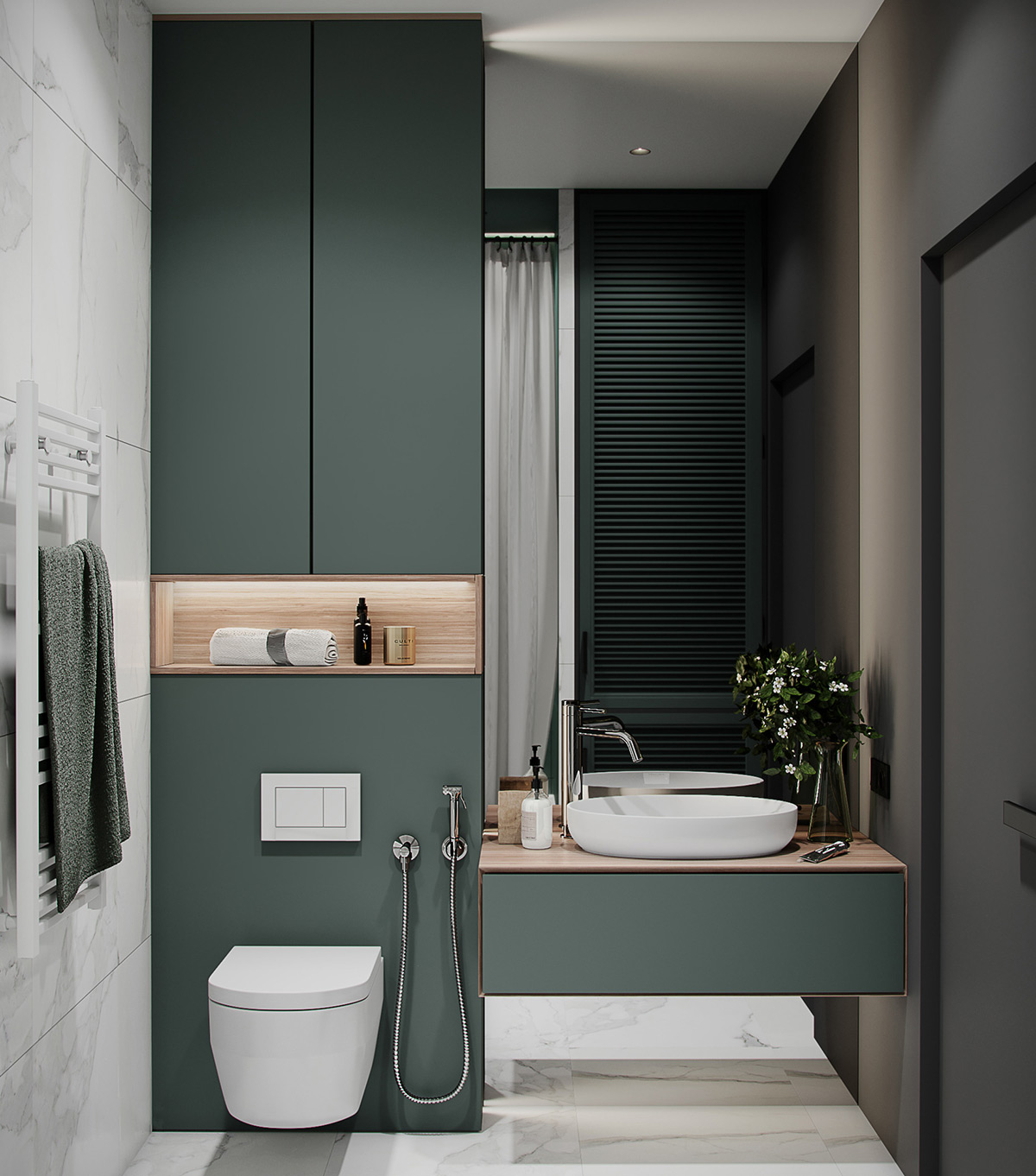 To enrich the aesthetic, install natural wood shelf inserts into a green cistern concealment wall and wooden countertops onto a green vanity unit.
