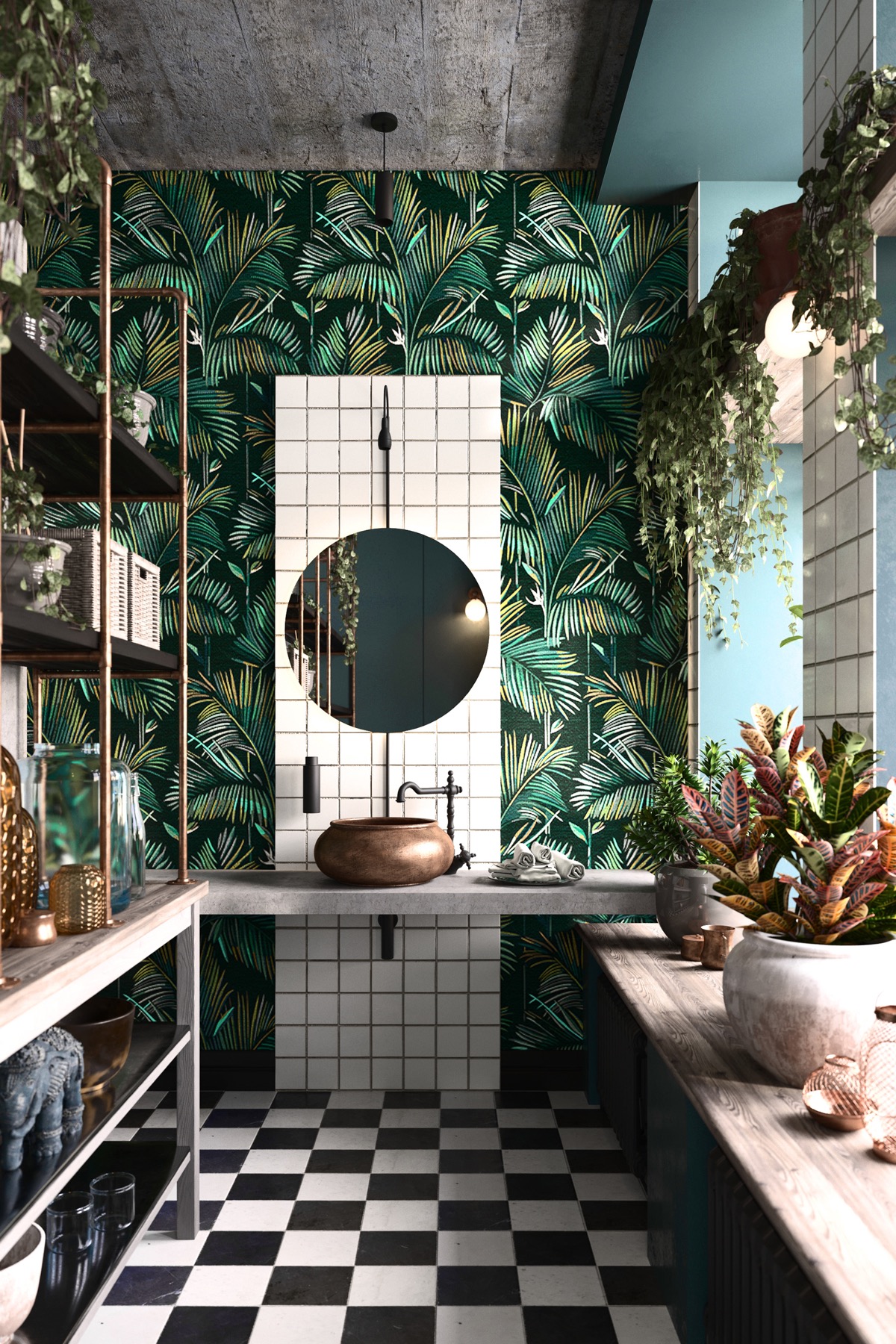 Botanical wallpaper builds a natural theme with or without indoor plants. Add gold, brass, or bronze accents to add a rich and regal air to the space.