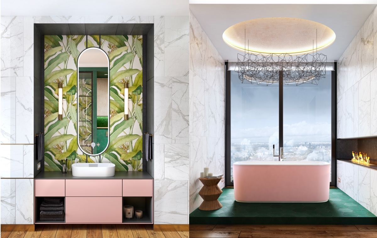 This botanical feature wall is accentuated with a pink vanity unit, while a pink bathroom sweetly contrasts emerald green bathroom floor tiles.