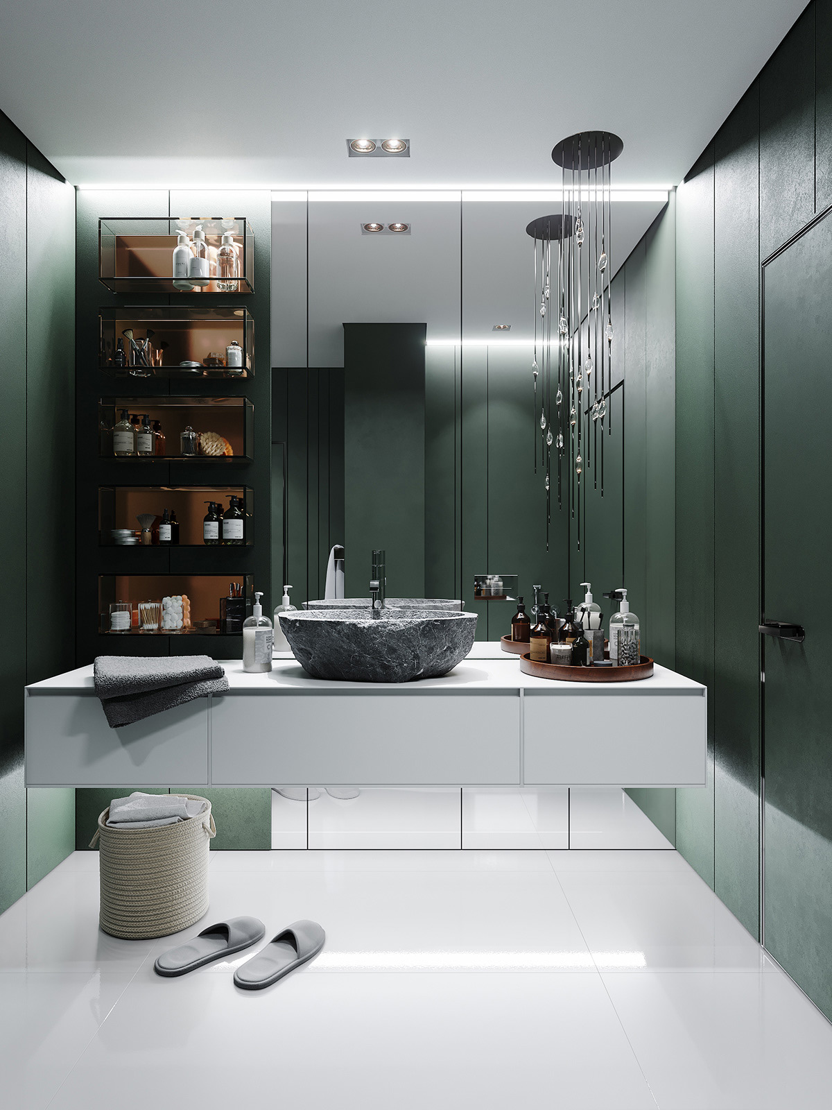 Construct a sleek, tailored perimeter using dark green wall paneling. A solid white floor, vanity unit, and ceiling prevent a small space from becoming dreary.