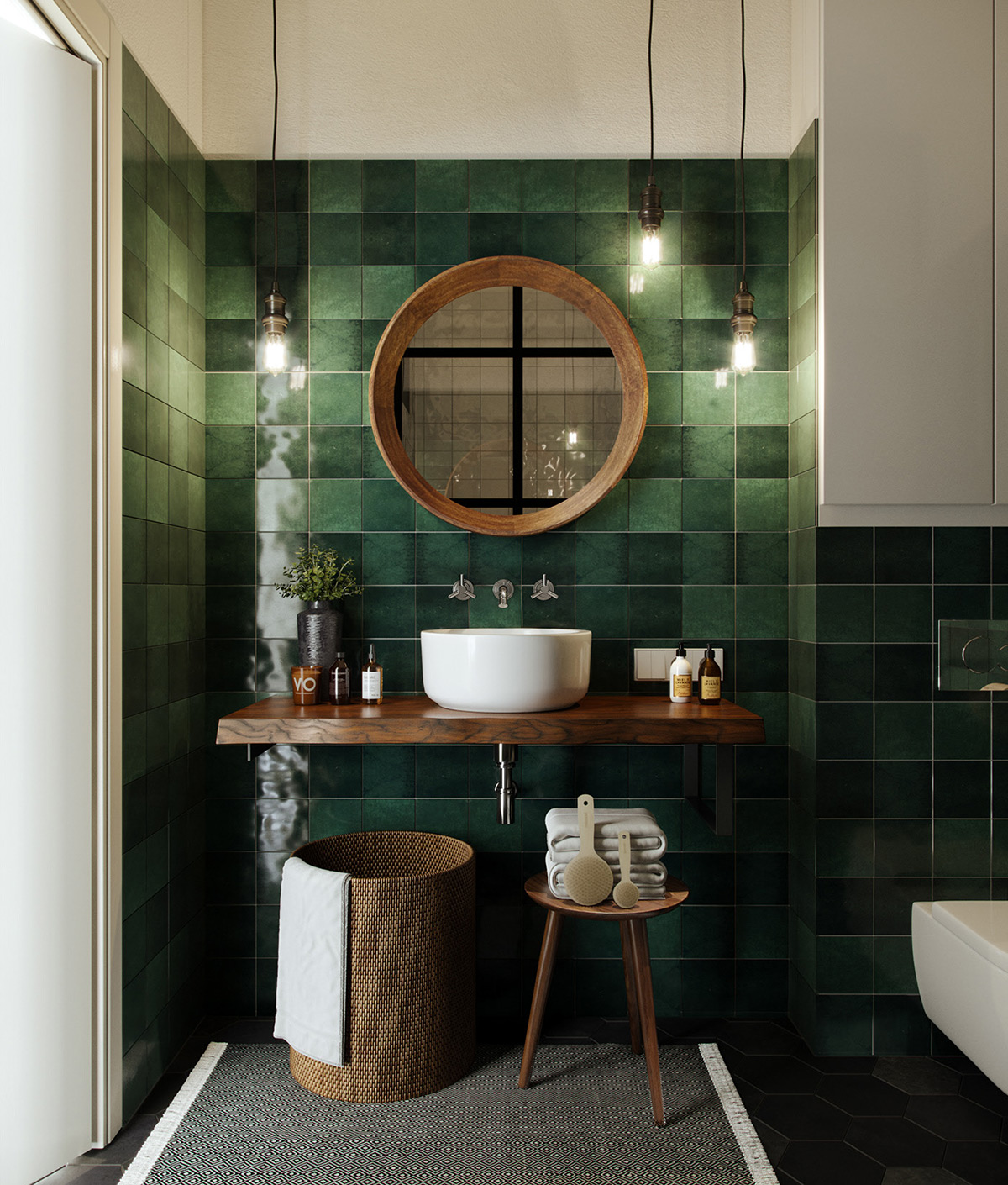 Choose green tiles with shade differences to construct a green feature wall with tonal interest. This one is dressed with chunky wood accent pieces to achieve an earthy appeal.