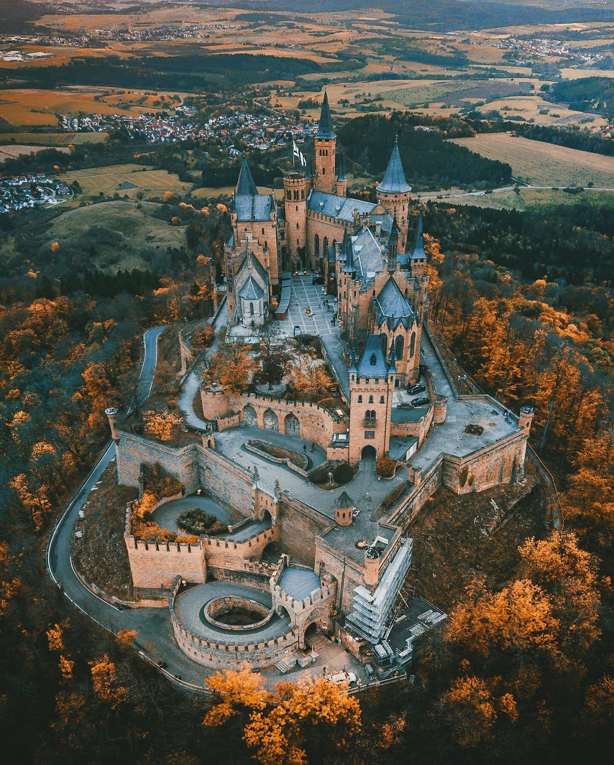 Hohenzollern Castle, The Ancestral Seat Of The Imperial House Of Hohenzollern, Was Built On A Hilltop Overlooking The Autumn Forest And The Villages Beyond, Bisingen, Baden-Württemberg, Germany