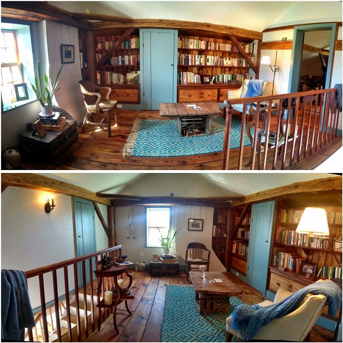 Finally Finished Putting The Attic Library Together In My 220yo Federal Farm House. It Was Completely Gutted 3 Years Ago. I Built The Shelves And Railing With Reclaimed Wood, Rebuilt The Walls/Ceiling With Spray Foam Insulation, And Refinished The Floors, Doors, And Moldings