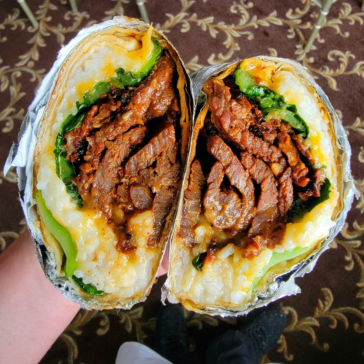 Bulgogi Burrito With Bok Choy, Rice, And Cheese. We Call It The "Korrito"