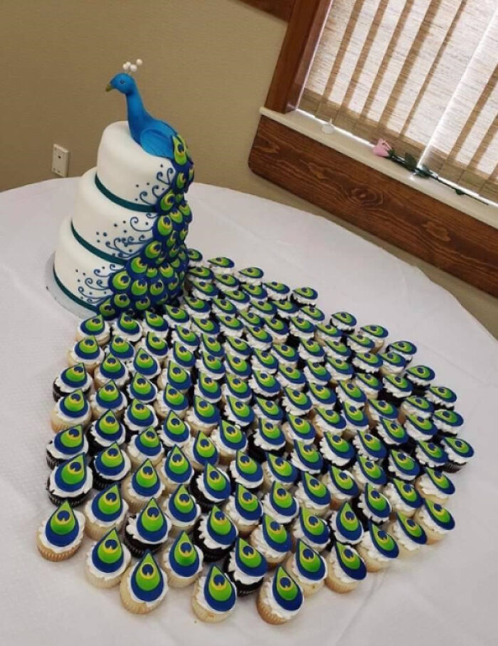 Peacock Wedding Cake, The Tail Is Made Up Of Cupcakes. By Malizzi Cakes
