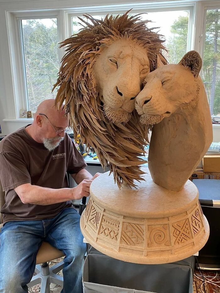 A Sculpture Of 2 Lions Was Created Out Of Recycled Cardboard, Paper Bags, And Glue. Credit: Sue Beatrice And Andy Gertler
