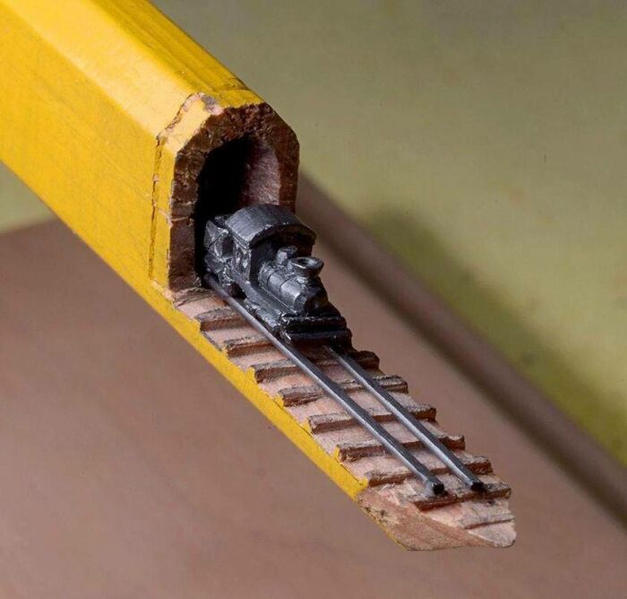 Train Carved From A Pencil Tip. Artist: Cindy Chinn